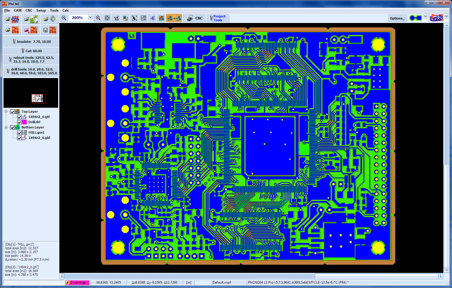 PhCNC LSSE PCB CAM workspace with Gerber project toolpaths