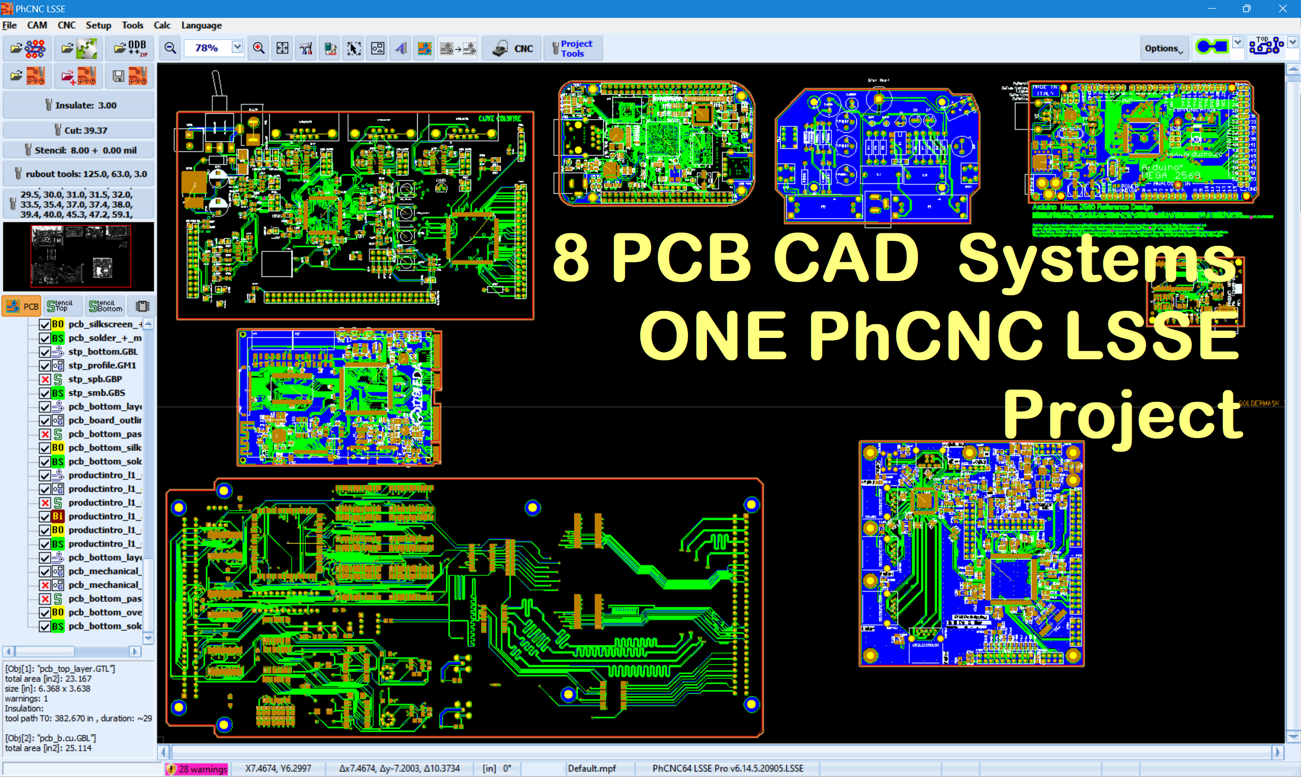 Eight PCB designs arranged in a common PhCNC LSSE CAM project