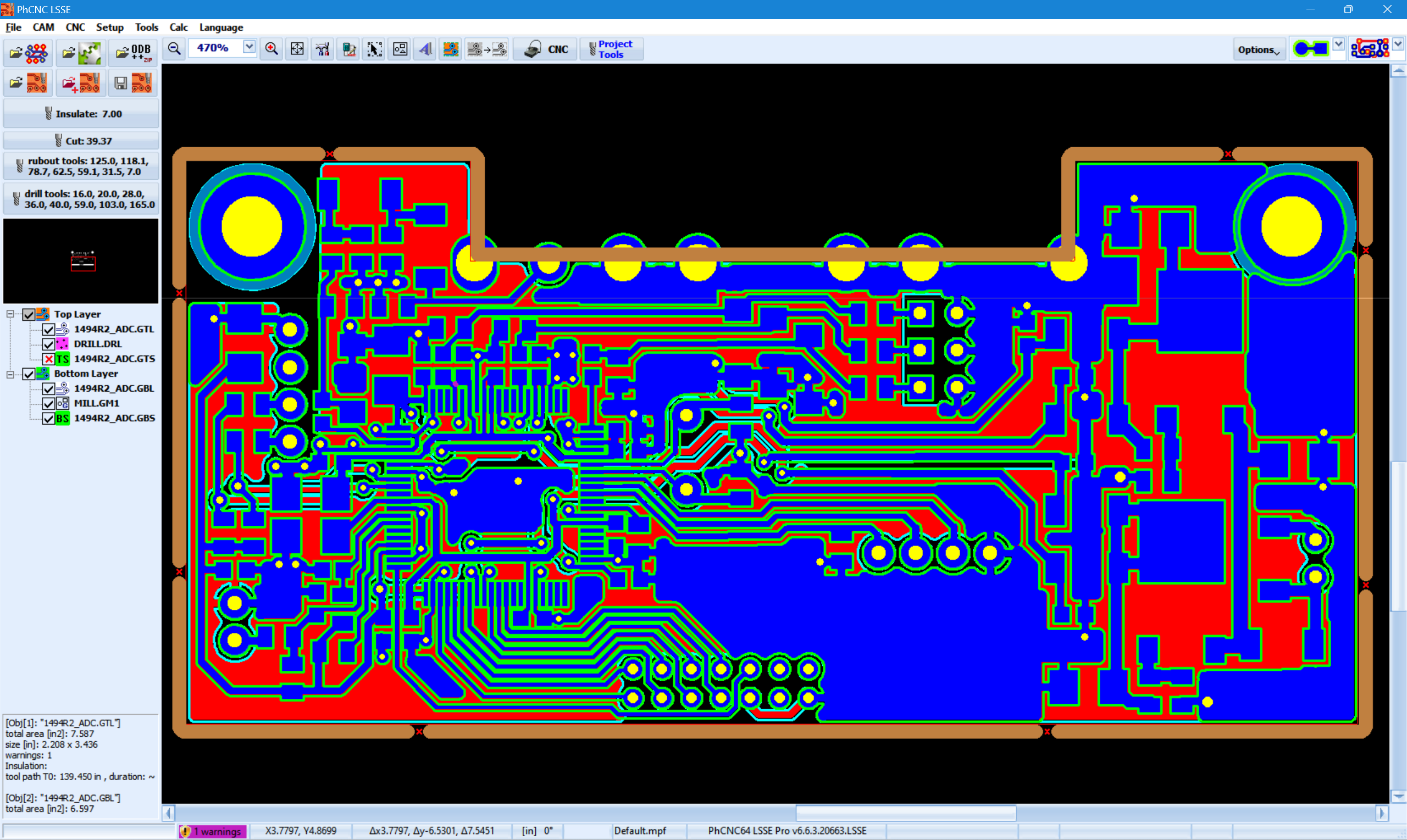 PhCNC LSSE showing PCB layers and machining toolpaths.