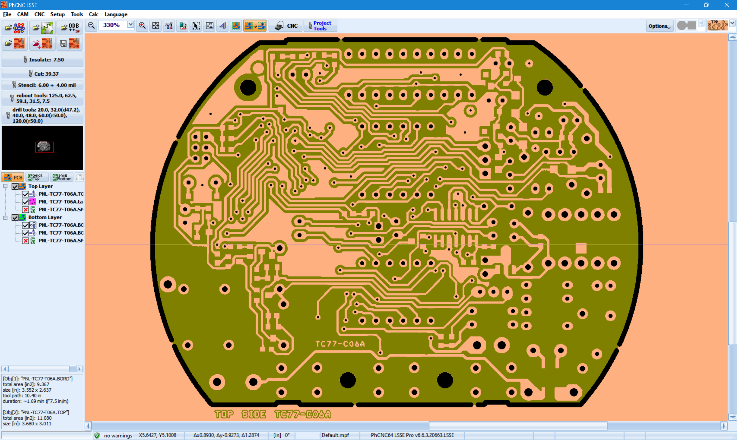 PhCNC LSSE PCB CAM preview of a machined PCB in Copper View