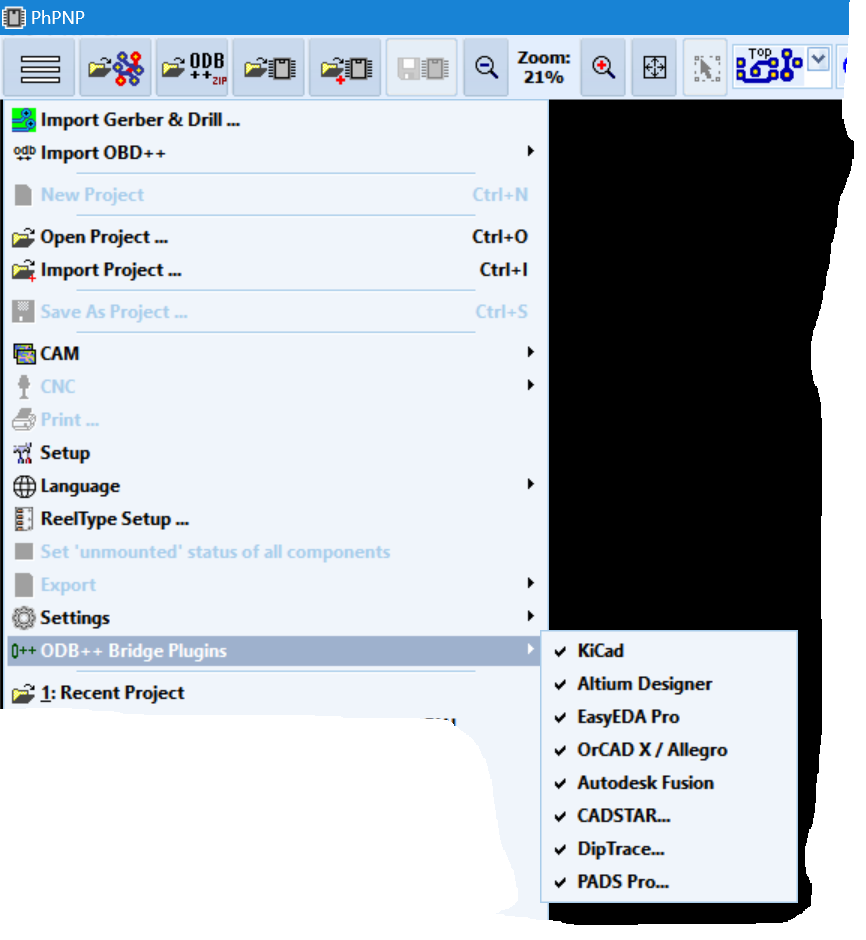 PhPNP ODB++ Bridge Plugins menu with all eight integrations, including DipTrace and PADS Pro