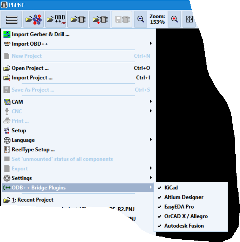 PhPNP ODB++ Bridge Plugins menu showing five supported PCB CAD systems