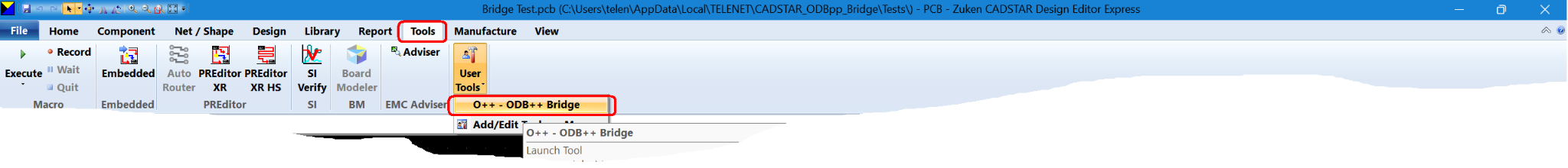 CADSTAR Tools tab with the User Tools menu showing O++ - ODB++ Bridge