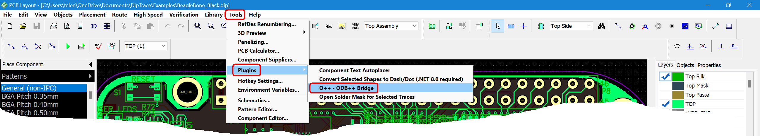 DipTrace PCB Layout Tools menu, Plugins submenu and O++ - ODB++ Bridge command