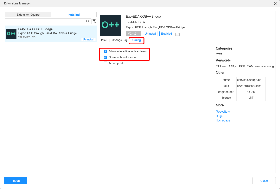 EasyEDA Pro ODB++ Bridge configuration options