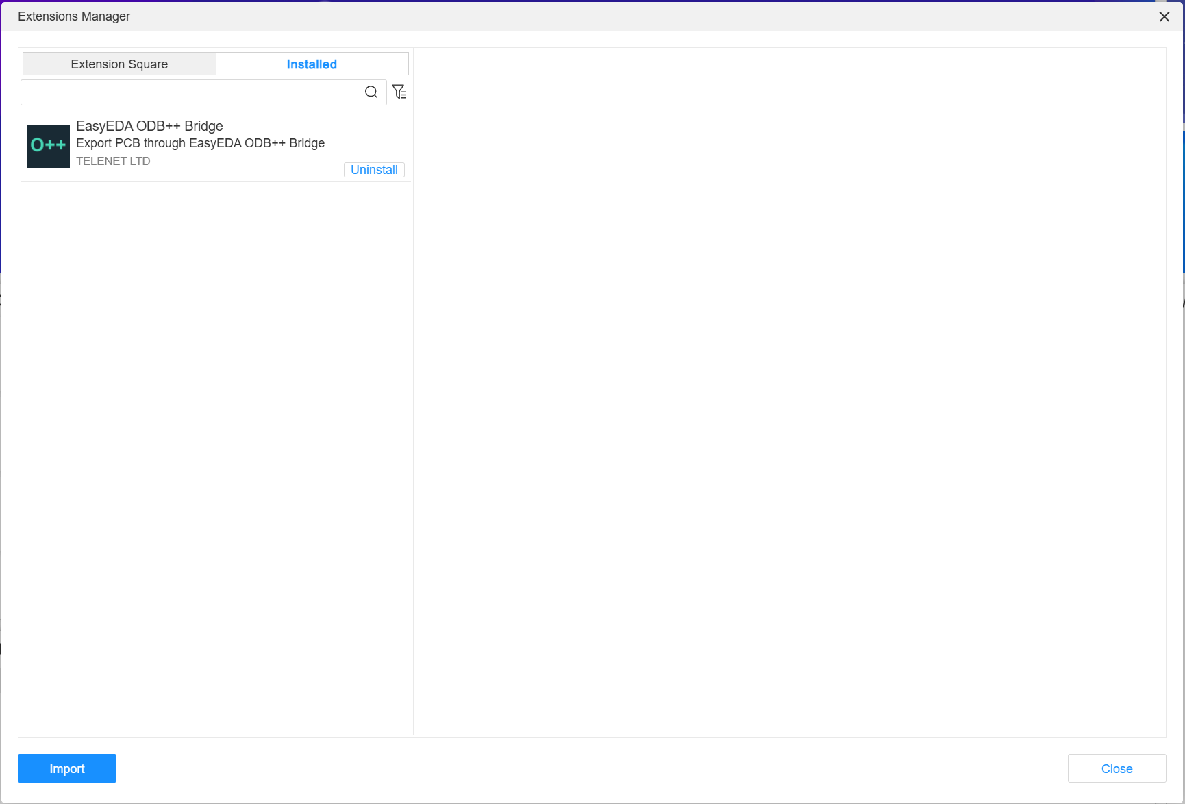 EasyEDA Pro Extensions Manager with ODB++ Bridge installed