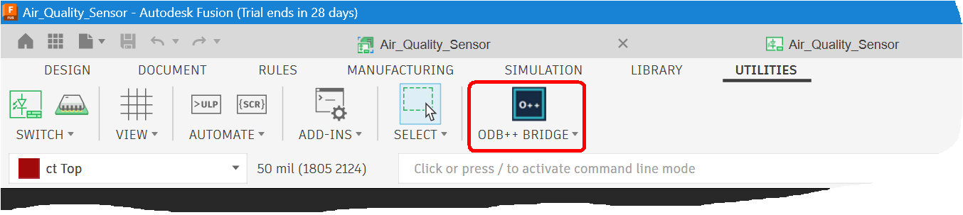 Autodesk Fusion ODB++ Bridge in Utilities toolbar
