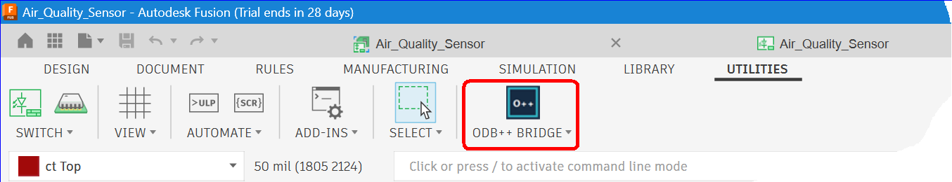 Autodesk Fusion ODB++ Bridge in Utilities toolbar