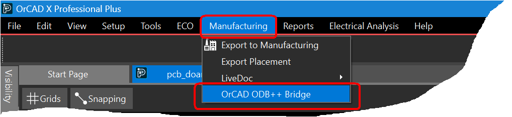 OrCAD X ODB++ Bridge Manufacturing menu