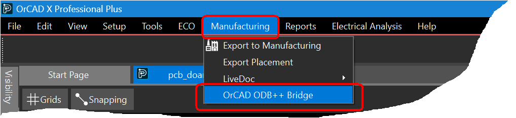 OrCAD X ODB++ Bridge Manufacturing menu