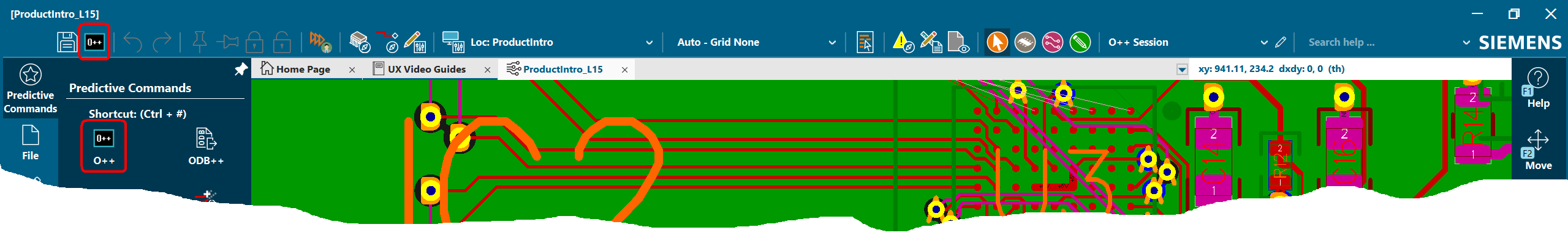 Siemens PADS Pro Layout with O++ next to Save in O++ Session and an O++ Predictive Commands entry